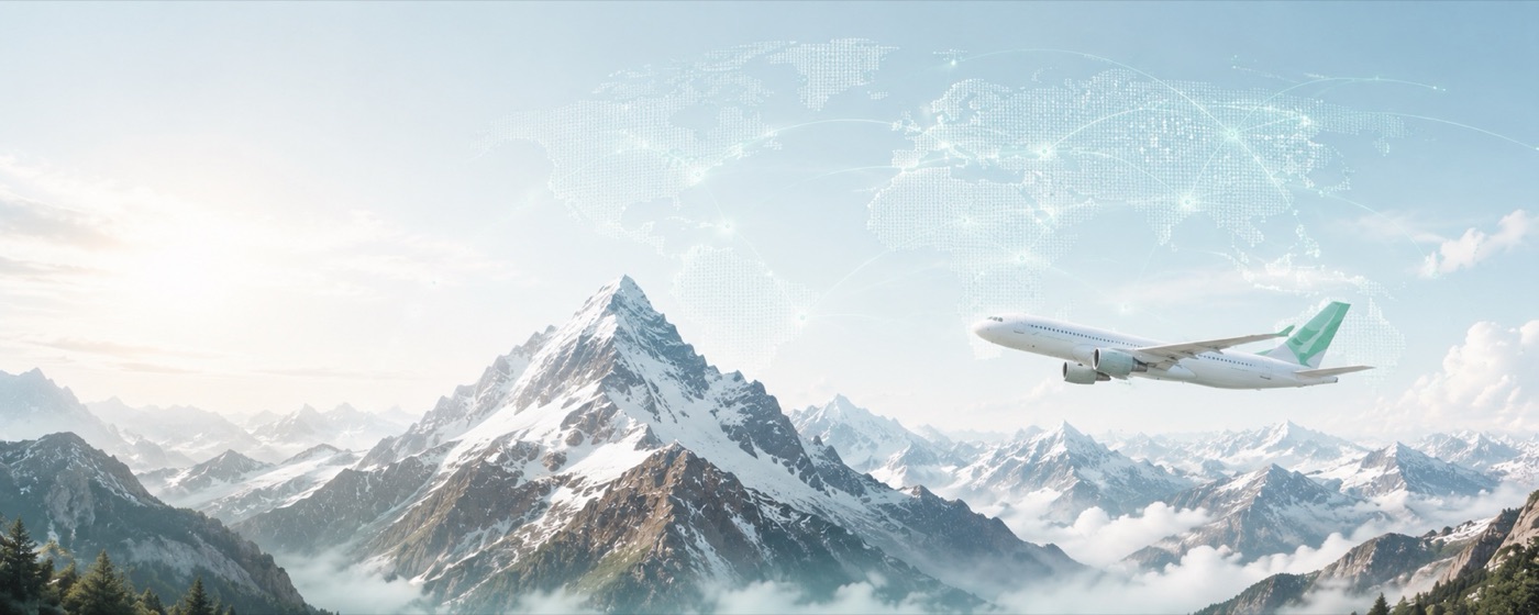 Paisaje de montaña con un avión y un globo estilizado – Bergfrieden Consulting